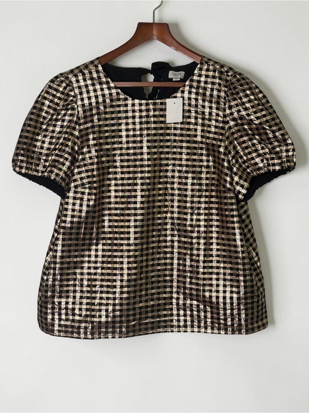 NWT J.Crew Factory Lurex Metallic Threads Puff-Sleeve Top Black Gold XXL - Picture 7 of 14
